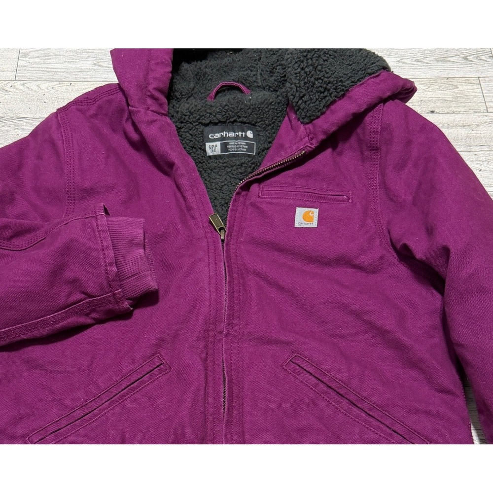 Carhartt Kids OJ9547-G Purple Sherpa Lined Canvas Hooded Jacket Size S 7-8